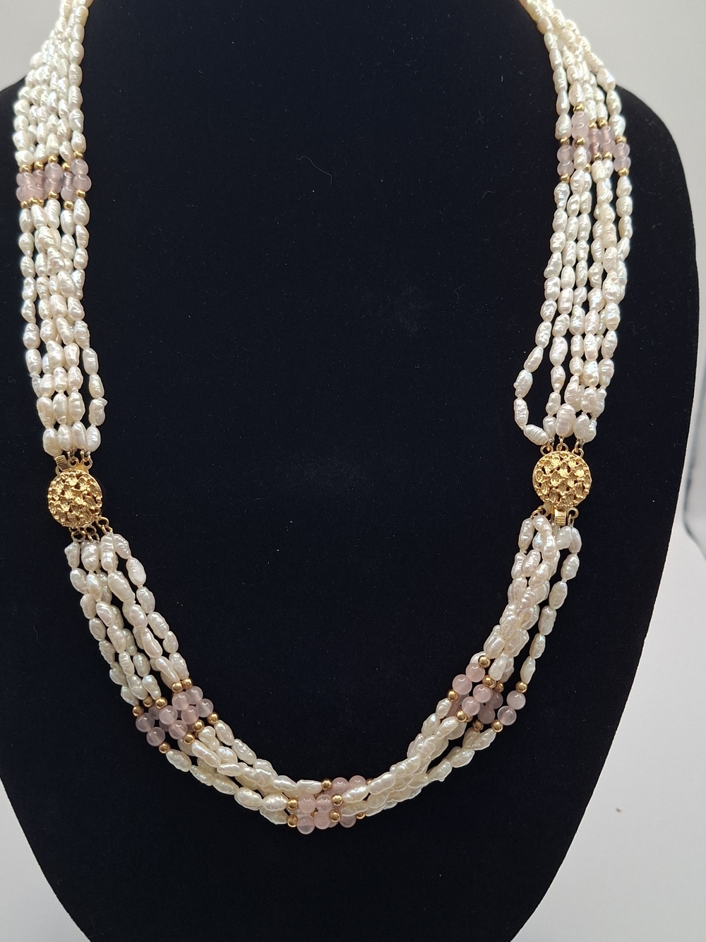 Convertable Multi-strand Necklace-Bracelet With Freshwate Pearls And Rose Quartz
